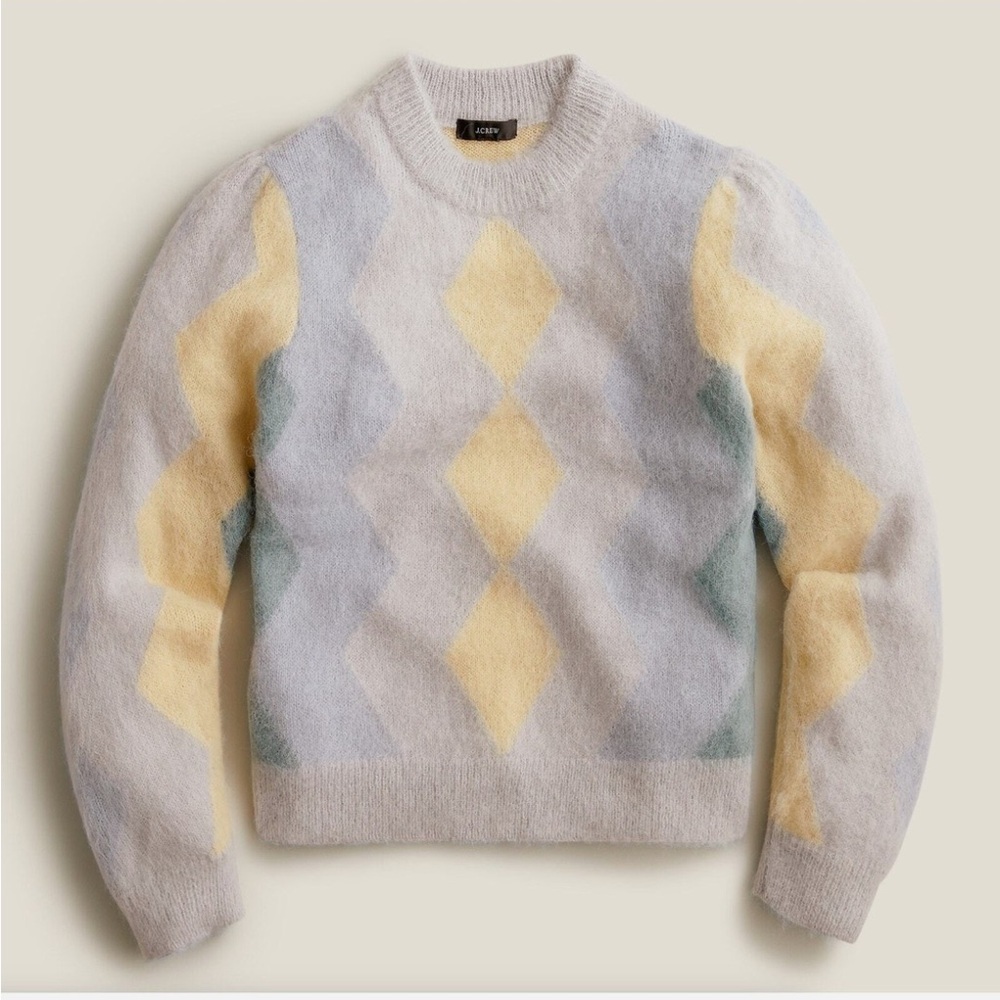J. CREW Diamond Checked Argyle Cropped Crewneck Sweater Blue Cream